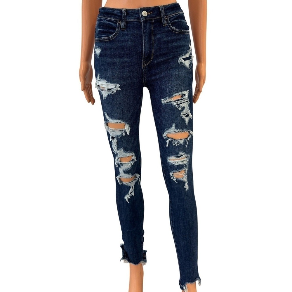 American Eagle Skinny Jeans Womens 2 Dark Wash Distressed Ripped Frayed Hem